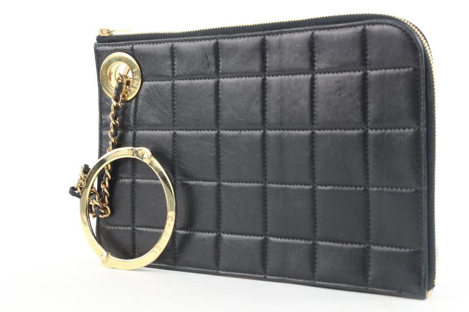 Chanel Black Lambskin Gold Handcuff Clutch Wristlet Pouch Bag