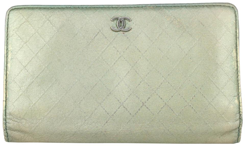Chanel Quilted Metallic Green Leather Long Bifold Flap Wallet 266ca29