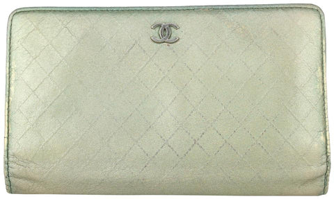Chanel Quilted Metallic Green Leather Long Bifold Flap Wallet 266ca29