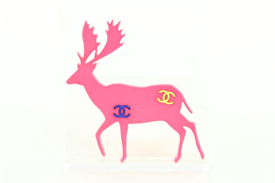 Chanel Pink Christmas Holiday CC Multicolor Reindeer Deer Brooch Pin 21cz76s