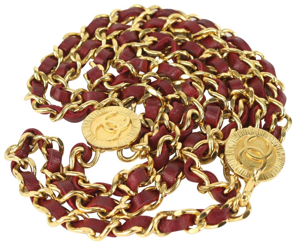Chanel Red x Gold Interlaced CC Logo Triple Chain Belt 823cas12