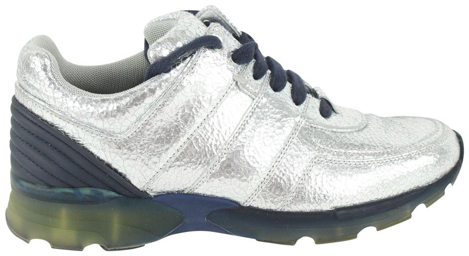 CHANEL⚡️CC logo white rubber metallic silver high top sneakers size 40/10  G32720