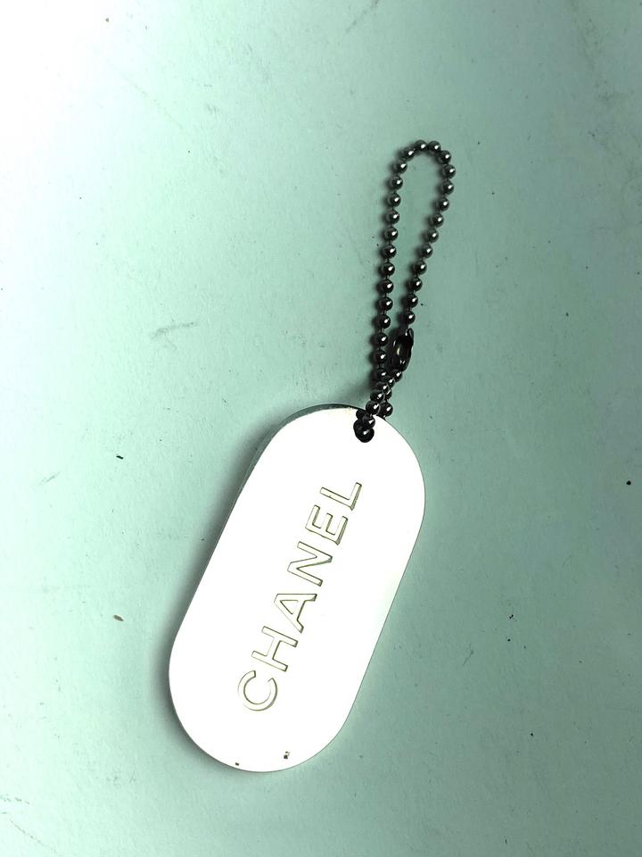 Chanel CC Strip Dog Tag Charm Pendant Keychain 4c531
