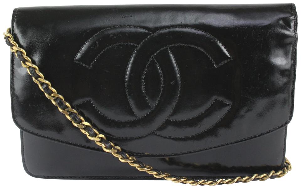 Chanel Vintage Black Patent Leather Timeless Wallet on Chain WOC 