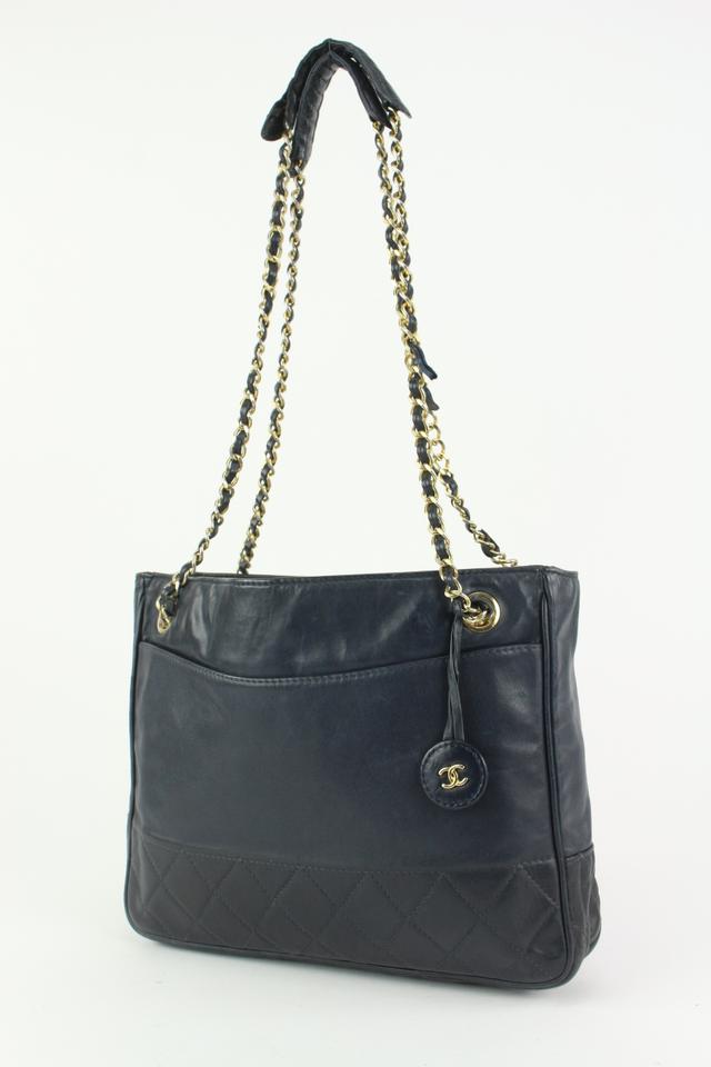 Chanel Navy Blue Lambskin Quilted Gold Chain Tote Bag 6CC1029