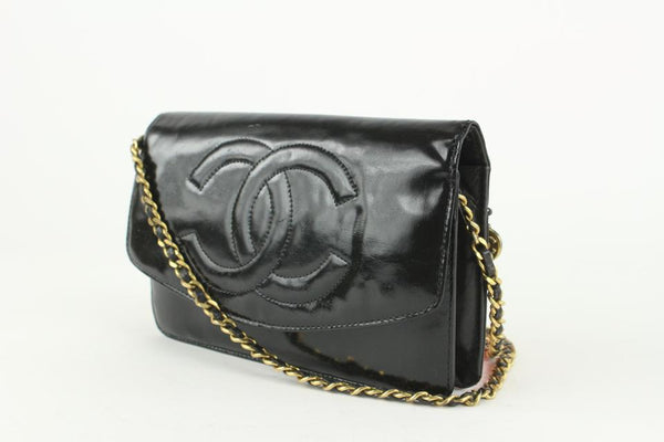 Chanel Vintage Black Patent Leather Timeless Wallet on Chain