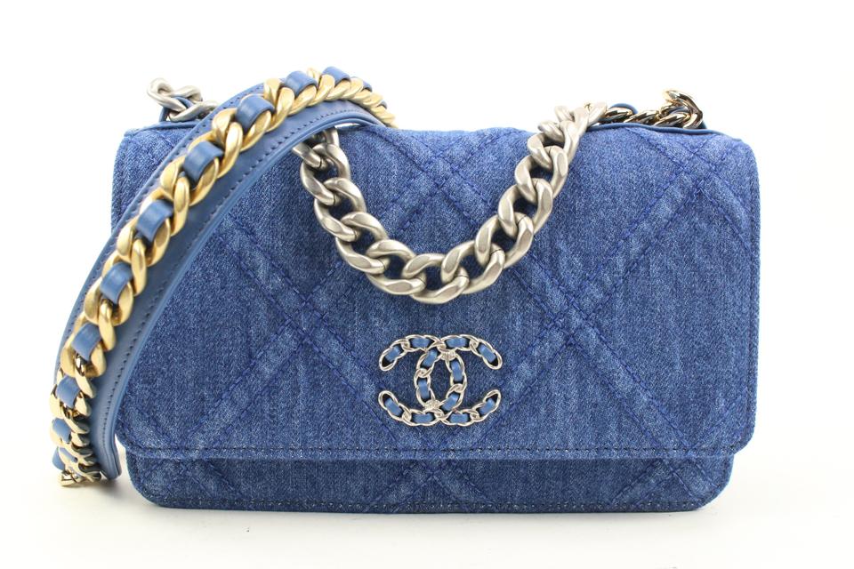 NEW CHANEL 23C Wallet on Chain PEARL BLUE Patent Leather WOC Flap Bag Gold