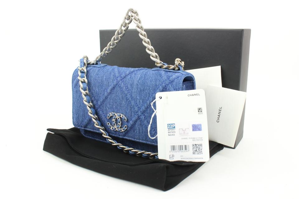 Chanel Small flap bag blue denim with logo script