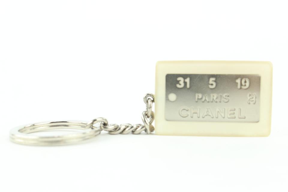 Chanel Rare White x Silver 99a CC Logo Address Plate Keychain Bag