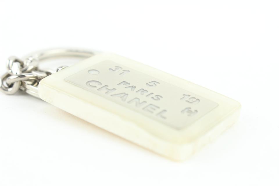 Chanel Rare White x Silver 99a CC Logo Address Plate Keychain Bag