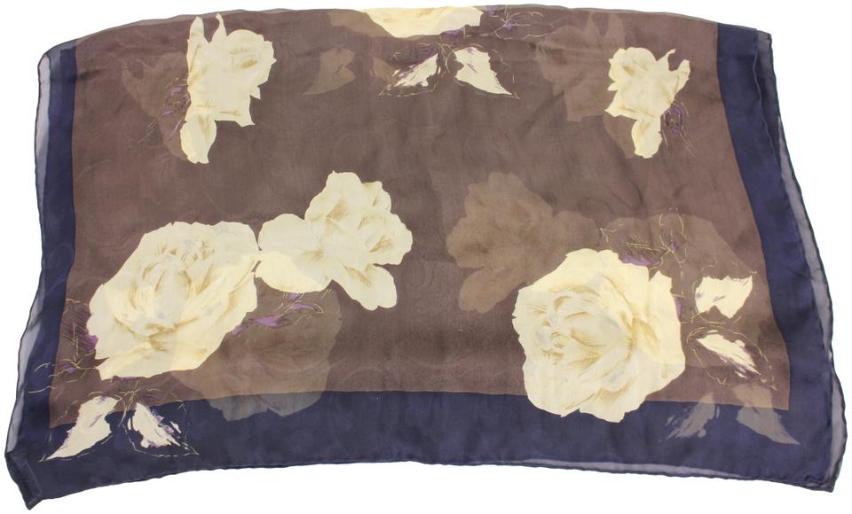 Giorgio Armani Brown Navy Blue Beige Rose Floral 100% Silk Scarf 1G922