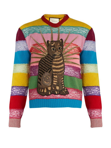 Gucci Men's Small Runway Cat Applique Panelled Lace and Wool Sweater 124g12