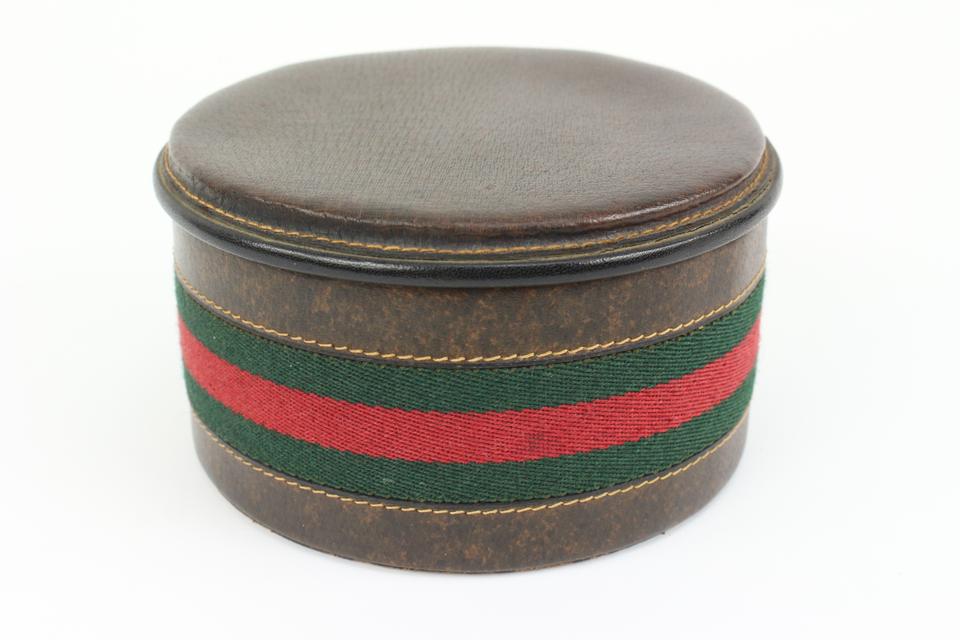 Gucci Ultra Rare Brown Leather Web Round Box Case Jar Boite