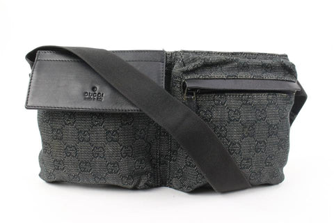 Gucci Black x Grey  Monogram GG Denim Belt Bag Fanny Pack Waist Pouch 2G830a