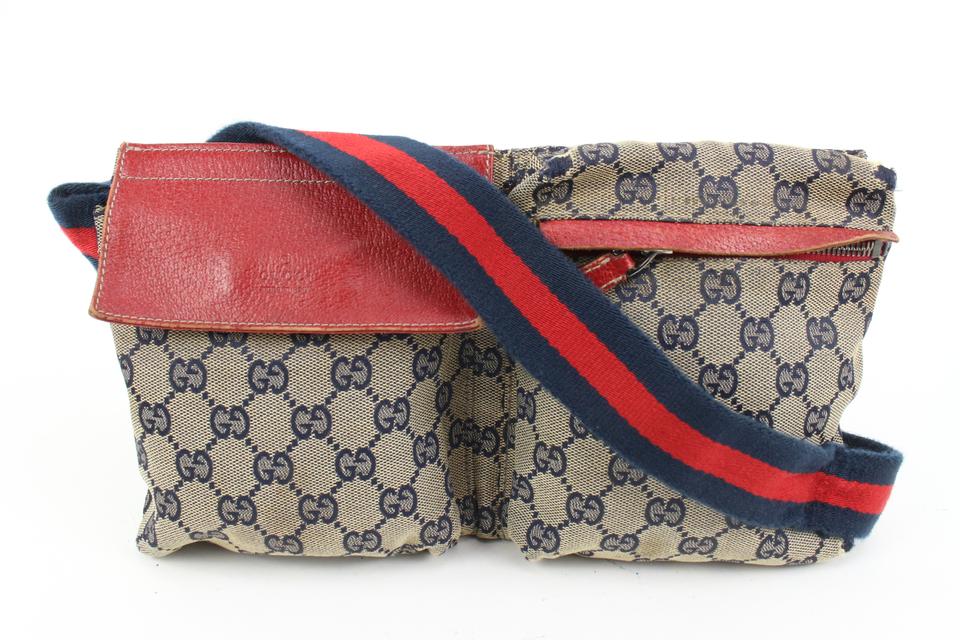 Gucci Red x Navy Monogram GG Belt Bag Waist Pouch Fanny Pack 30g420s