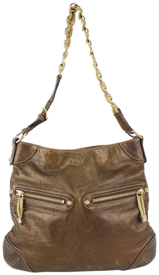 Gucci Brown Leather Capri Ranch Kid Web Chain Hobo shoulder bag 267gk30