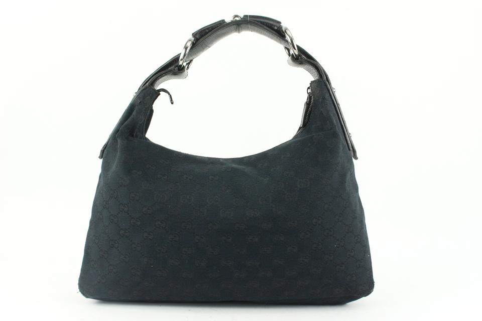 Gucci Black Monogram GG Horsebit Hobo Bag 5G113