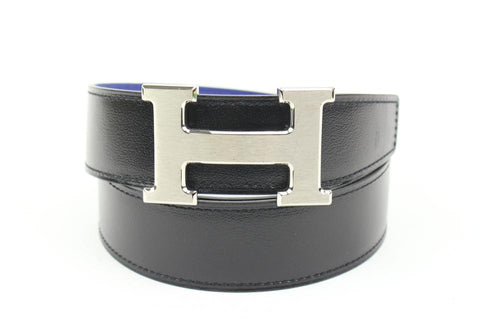 Hermès Black x Blue Size 90 32mm Reversible H Logo Belt Brushed Silver 121h59