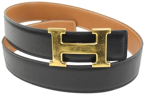Hermès Black x Brown 32mm H Logo Belt Kit Gold Buckle 3h318s