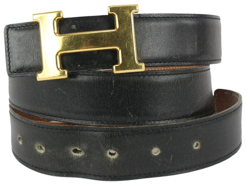Hermès Black x Gold 32mm Reversible H Logo Belt Logo 247her719