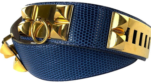 Hermès Medor CDC Collier de Chien Lizard Blue Belt Gold Stud Spike 5he0