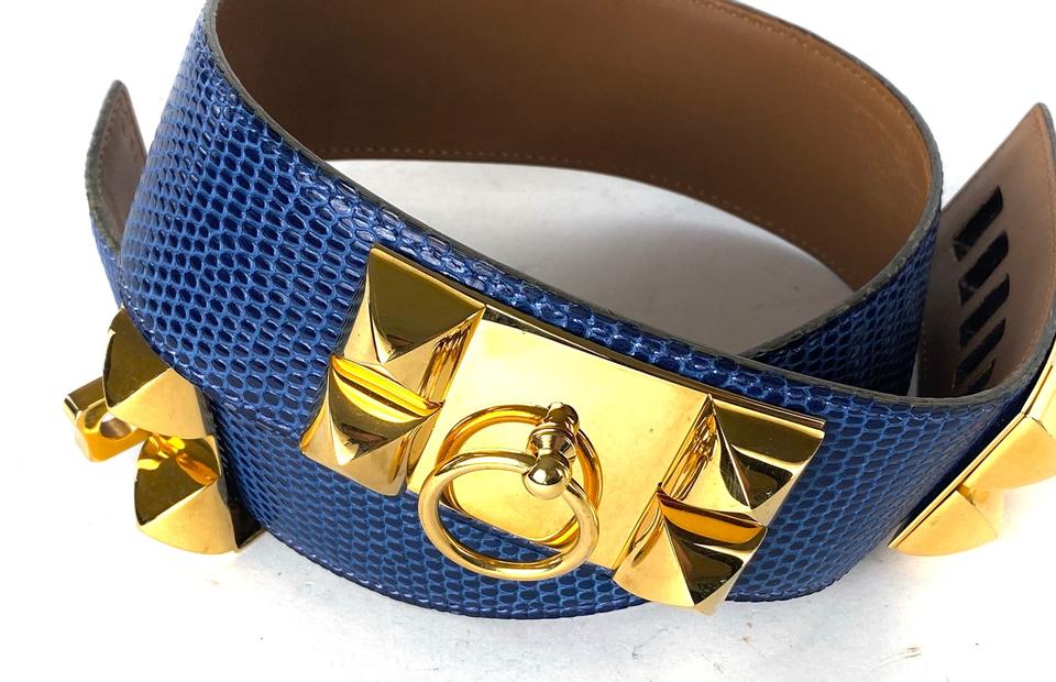Hermes Mykonos Blue Niloticus Lizard Rose Gold Plated Medor Collier de Chien Bracelet