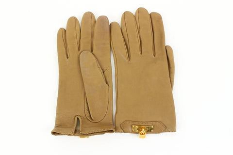 Hermès Size 8 Light Brown x Gold Lambskin Kelly Gloves Cadena Padlock 94h412s