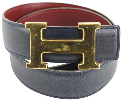 Hermès Navy x Burgundy x Gold 32mm Reversible H Logo Belt Kit 73h429s