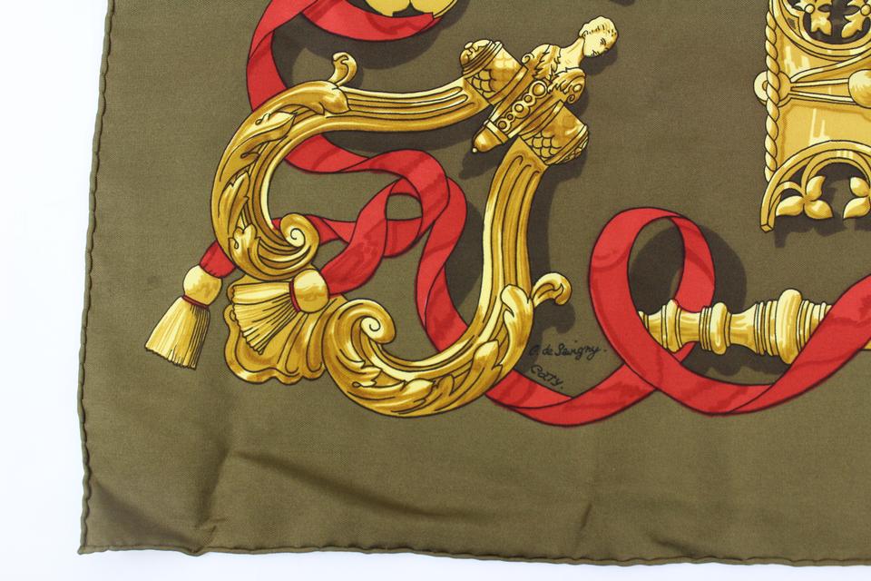 Hermès Khaki Olive Green x Gold x Red Ferronnerie Silk Scarf 90 1h34s
