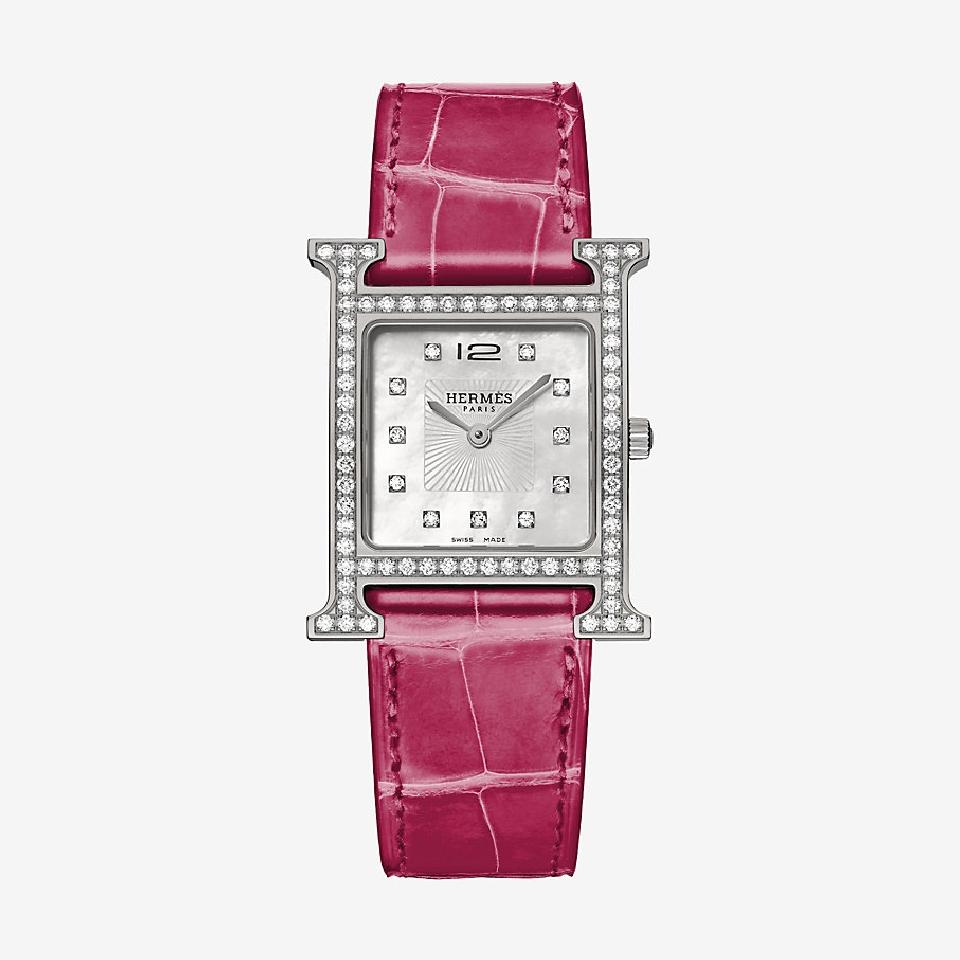 Hermès Raspberry X Silver 26mm Heure H Alligator Diamond Hh1.530 ) 11hr0212 Watch