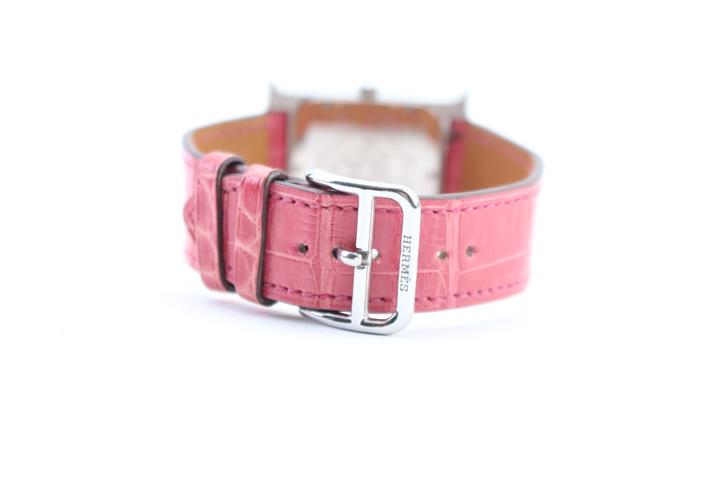 Hermes Diamond H Hour Heure Watch Raspberry Pink Crocodile Strap
