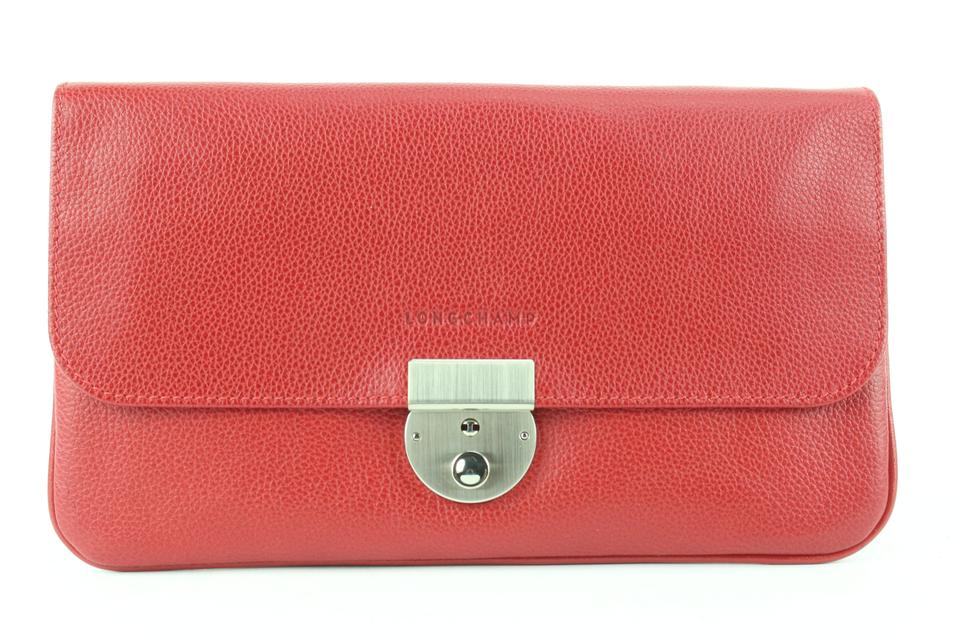 Longchamp Red Leather Lock Flap Clutch