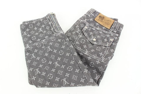Louis Vuitton Sz 2  Grey Denim Monogram Cropped Jeans Capri Pants Upcycle 13lz419s