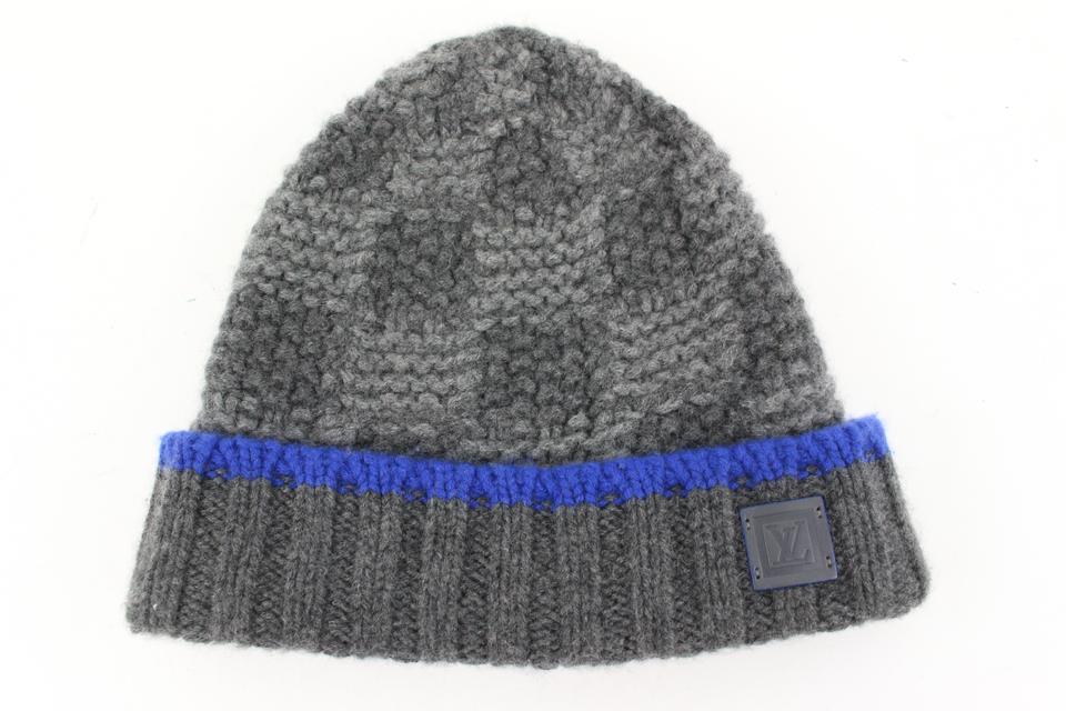 Louis Vuitton Grey x Blue Damier Knit Cashmere Helsinki Beanie Skull Cap Hat 46lv22s