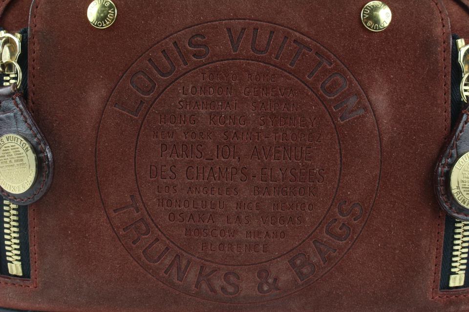 LOUIS VUITTON Stamped Trunk GM Suede Havane Satchel Bag Red