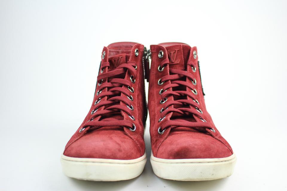 LOUIS VUITTON RED JEAN DENIM HIGH TOPS BANDANA SNEAKERS 6.5 LV US 7.5  AUTHENTIC