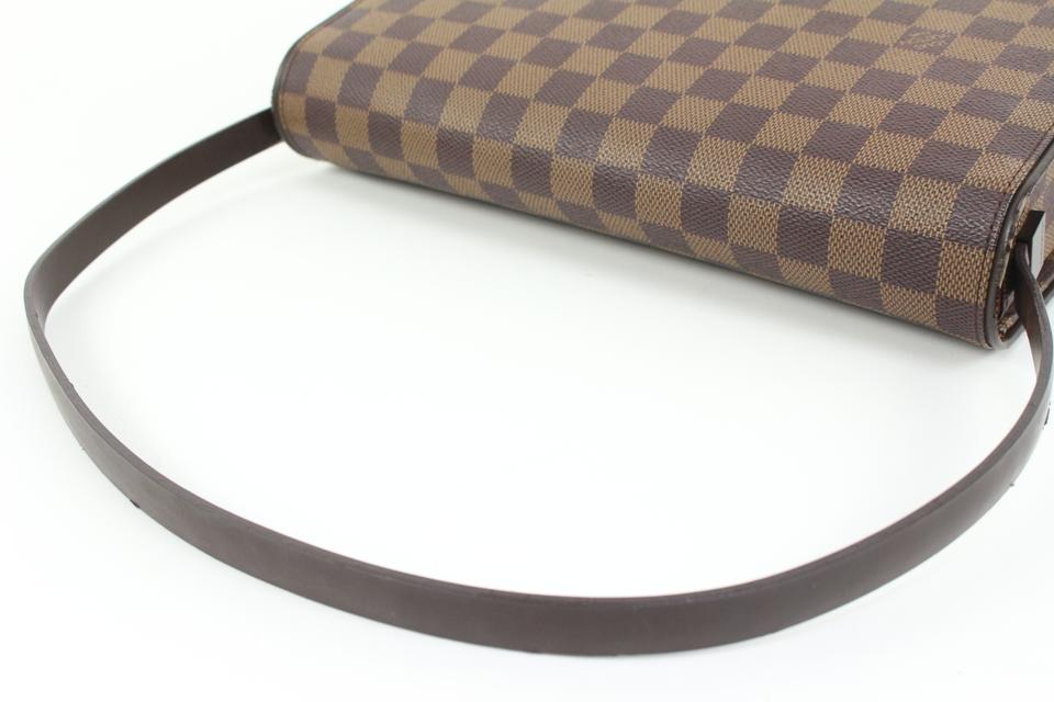 LOUIS VUITTON DAMIER EBENE TRIBECA SHOULDER BAG, with brown leather strap  and trim, bronze tone hardware, front flap closure, leather lining with  inside zip pocket and main compartment, 28cm x 22cm H.