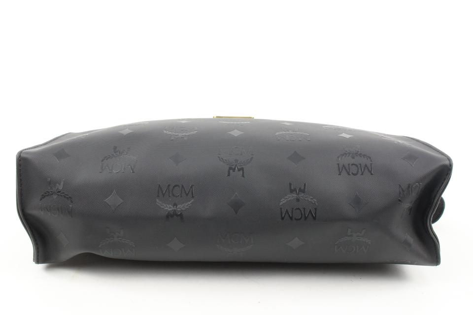 NEW MCM Embossed Logo Leather Makeup Bag Pouch (Black/Cognac)