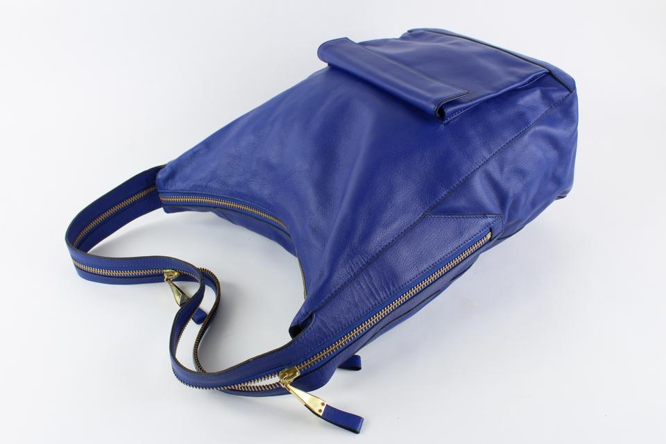 Pour La Victoire Blue Leather Green Suede Double Handle $495 MSRP Handbag  Cool!
