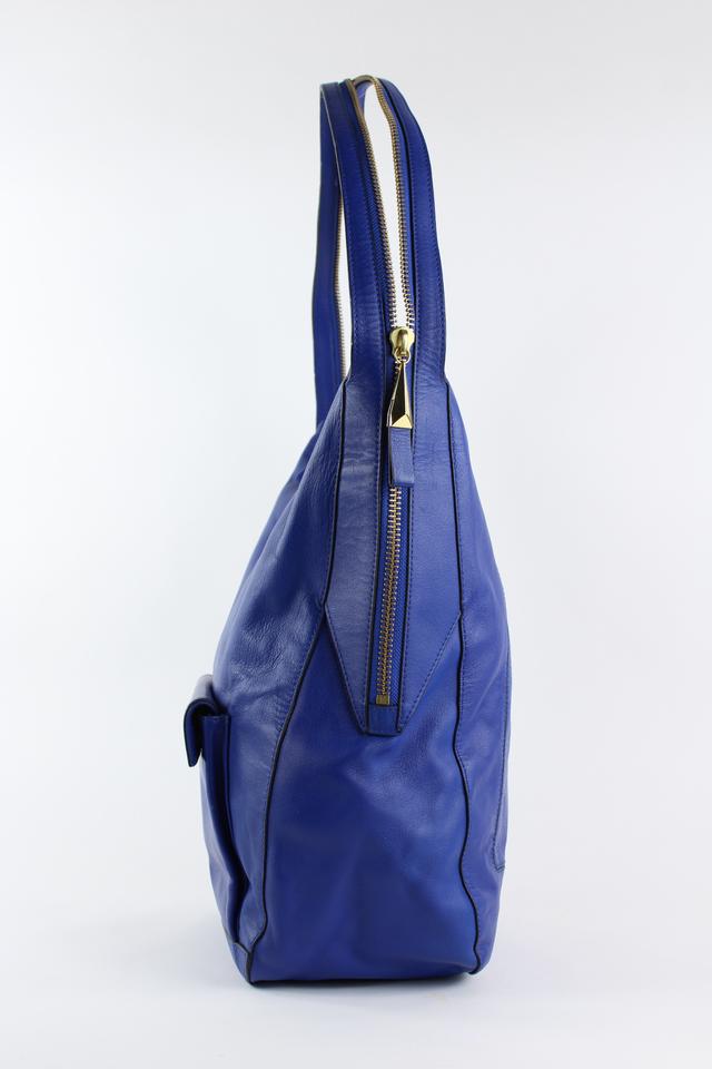 Pour La Victoire Blue Leather Green Suede Double Handle $495 MSRP Handbag  Cool!