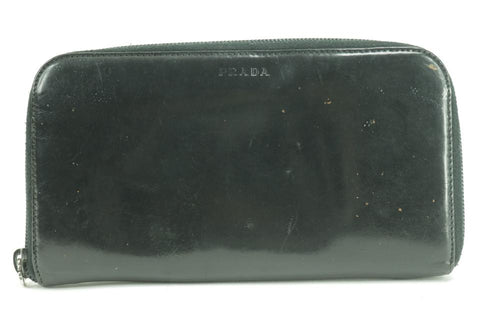 Prada Enamel Logo Zip Around Long Wallet Black Laather Clutch 12PK0123