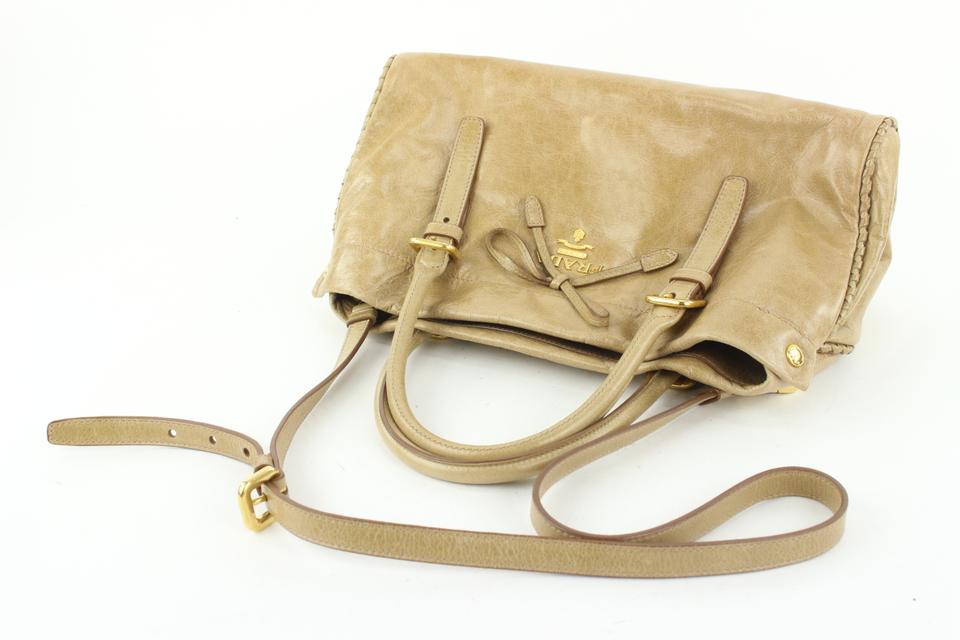 Prada BN1866 Beige Vitello Shine Leather Bow Shopping Bag with