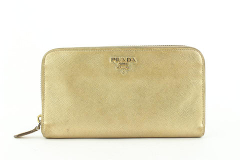 Prada Gold Saffiano Leather zip Around Continental Wallet 364pr525