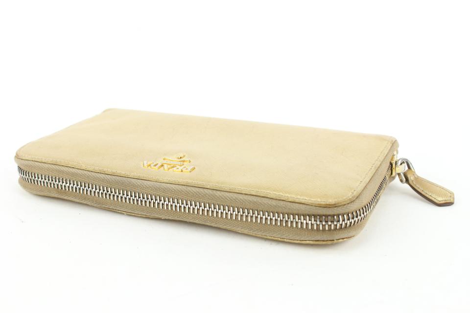 Prada Gold Saffiano Metal Leather Logo Flap Continental Wallet on