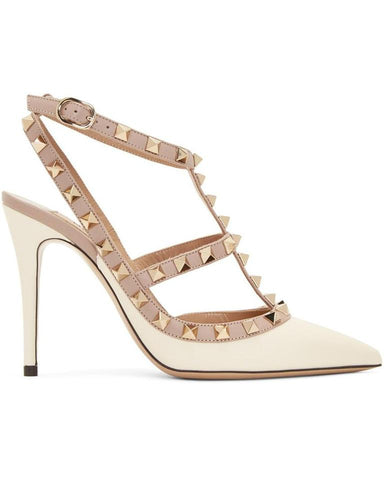 Valentino Ivory x Nude Patent Leather Rockstud Ankle Strap Pump Heels 1223v16