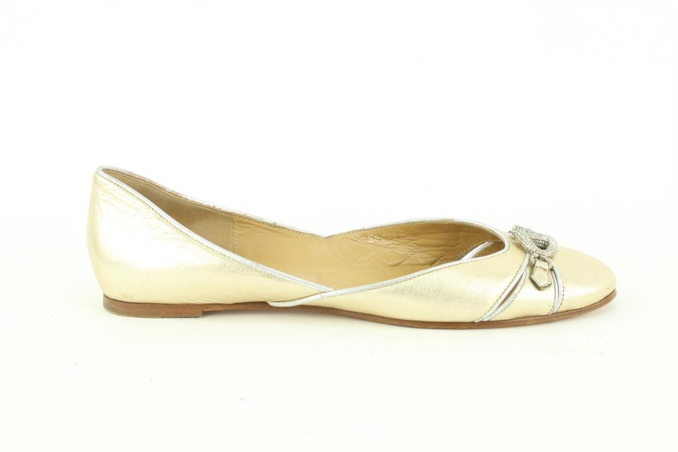 Valentino Size 38.5 Light Gold Leather V Logo Crystal Ballerina Flats 110va57