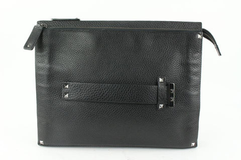 Valentino Black Leather Rockstud Panel Clutch Handle Bag 111va17