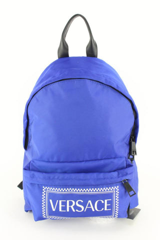 Versace Blue Zaino Stampa Logo Nylon Backpack Travel Bag 39v54s
